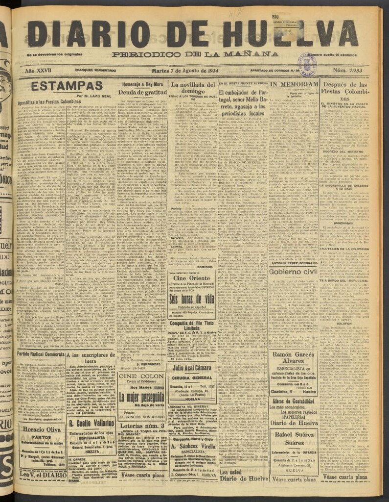 Miniatura de Diario de Huelva : periódico independiente del 7 de agosto de 1934