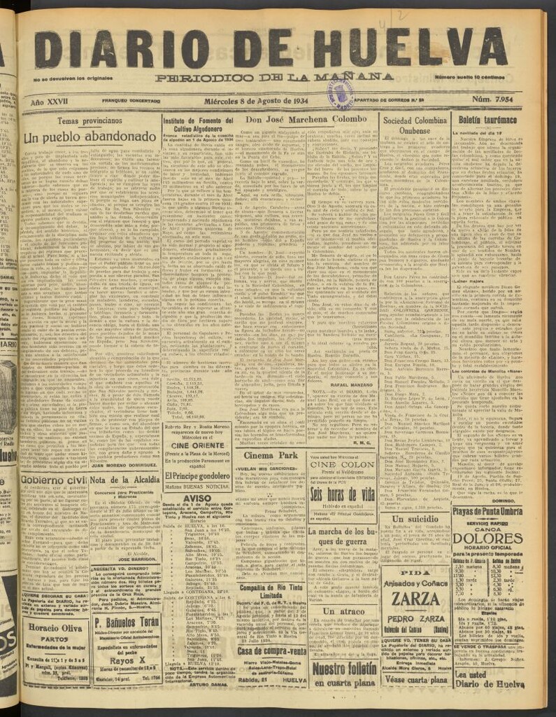 Miniatura de Diario de Huelva : periódico independiente del 8 de agosto de 1934