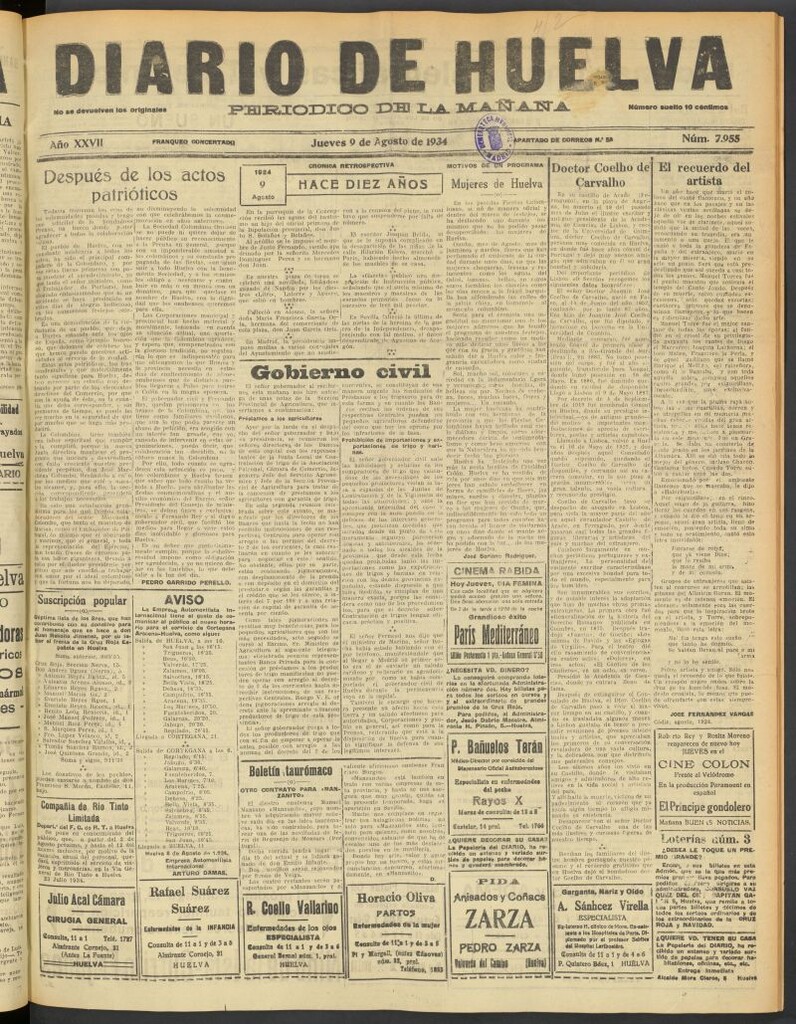 Miniatura de Diario de Huelva : periódico independiente del 9 de agosto de 1934