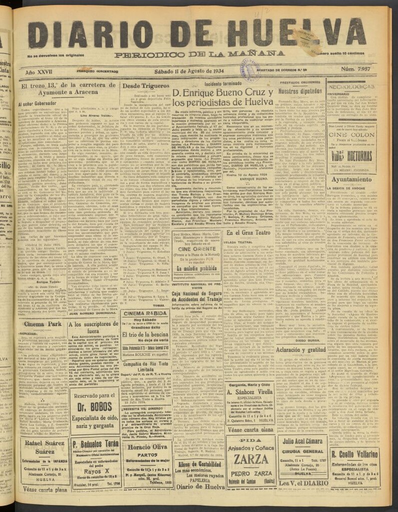 Miniatura de Diario de Huelva : periódico independiente del 11 de agosto de 1934