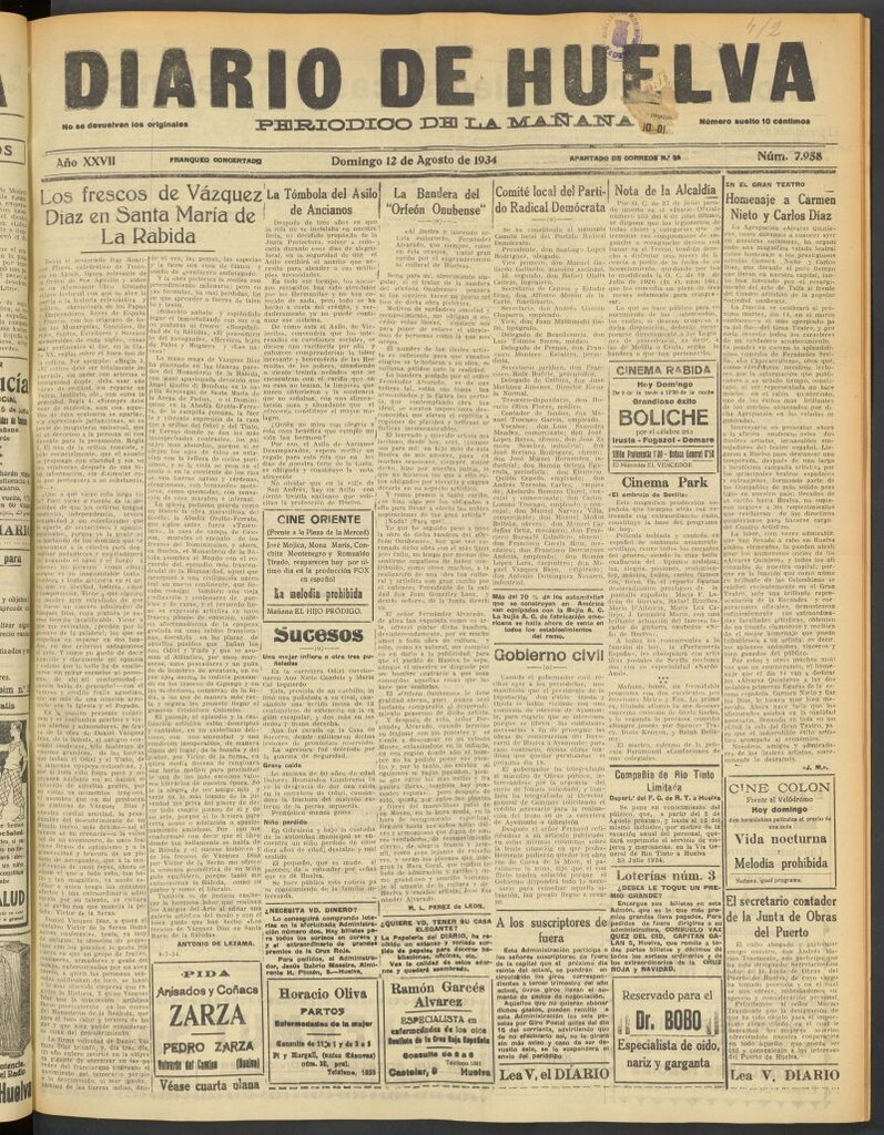 Miniatura de Diario de Huelva : periódico independiente del 12 de agosto de 1934