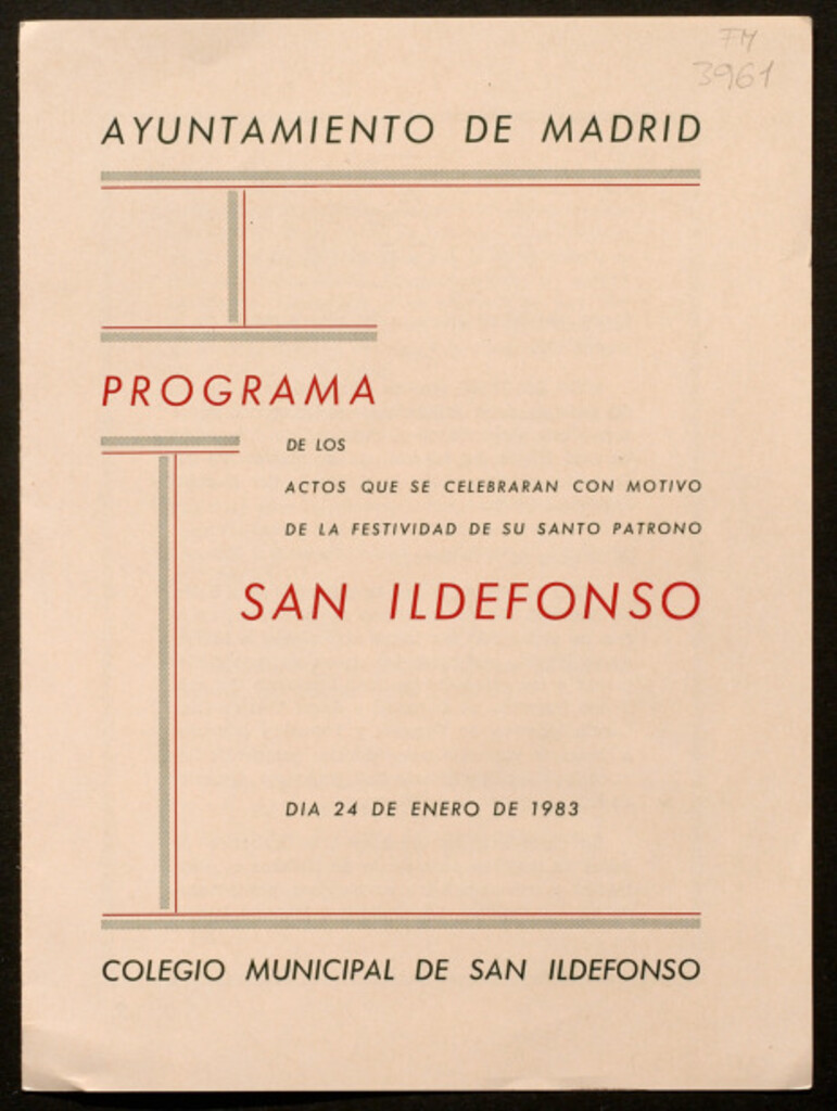 Miniatura de Programa de los actos que se celebraran con motivo de la festividad de su santo patrono, San Ildefonso : dia 24 de enero de 1983