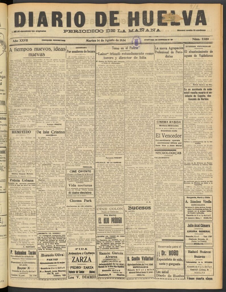 Miniatura de Diario de Huelva : periódico independiente del 14 de agosto de 1934