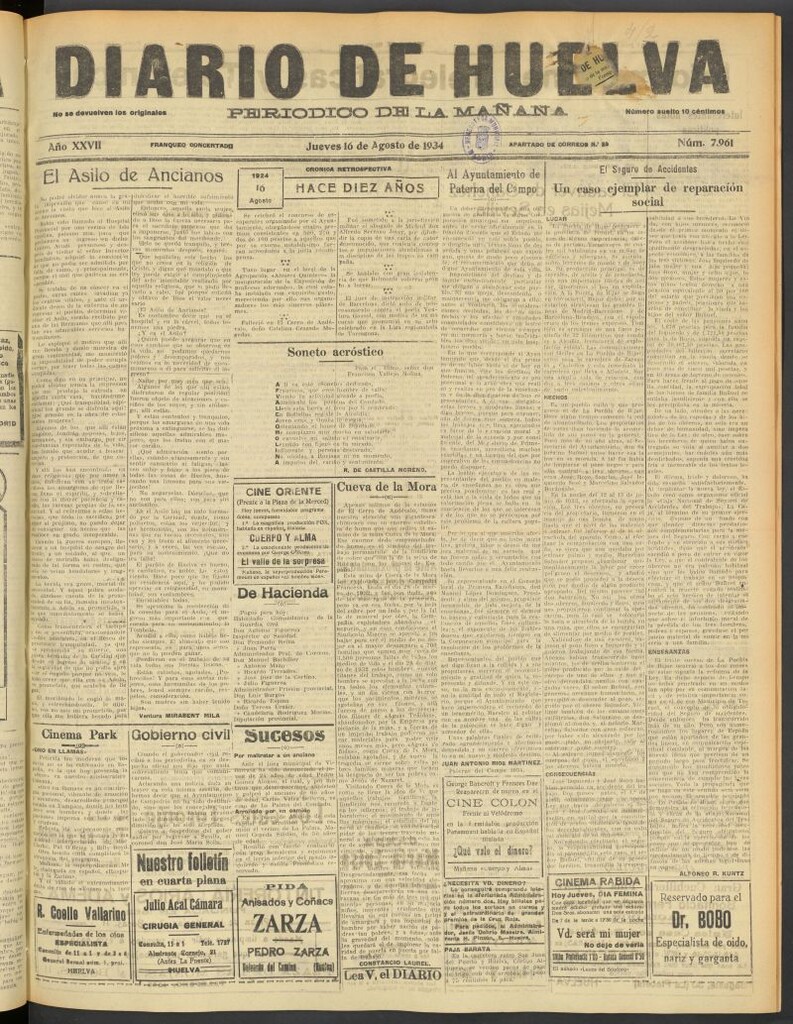 Miniatura de Diario de Huelva : periódico independiente del 16 de agosto de 1934