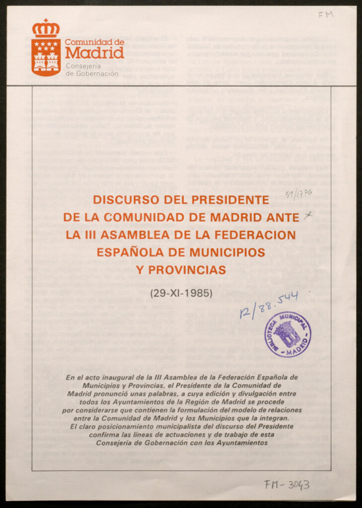Miniatura de Discurso del presidente de la Comunidad de Madrid ante la III Asamblea de la Federación Española de Municipios y Provincias 29-X-1985