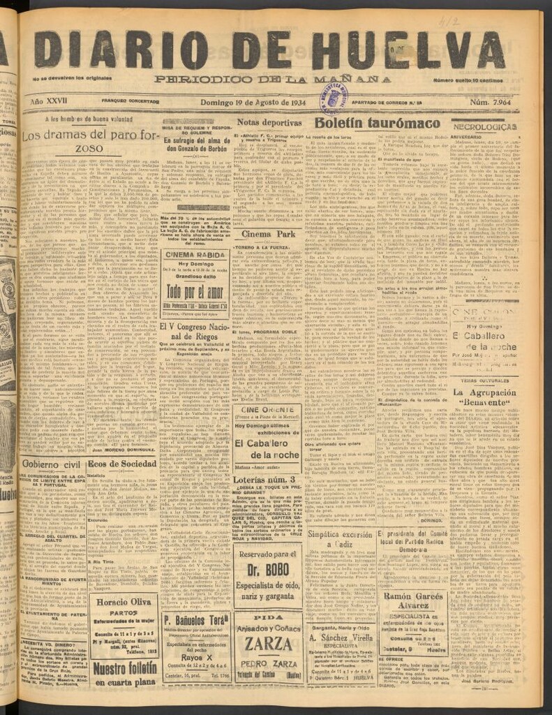 Miniatura de Diario de Huelva : periódico independiente del 19 de agosto de 1934