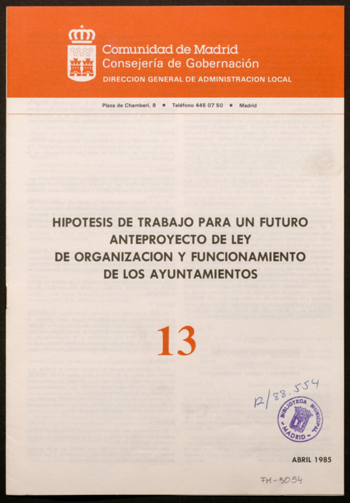 Miniatura de Hipótesis de trabajo para un futuro anteproyecto de ley de organización y funcionamiento de los ayuntamientos