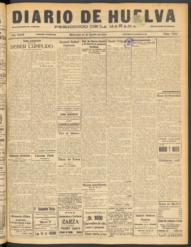 Miniatura de Diario de Huelva : periódico independiente del 22 de agosto de 1934