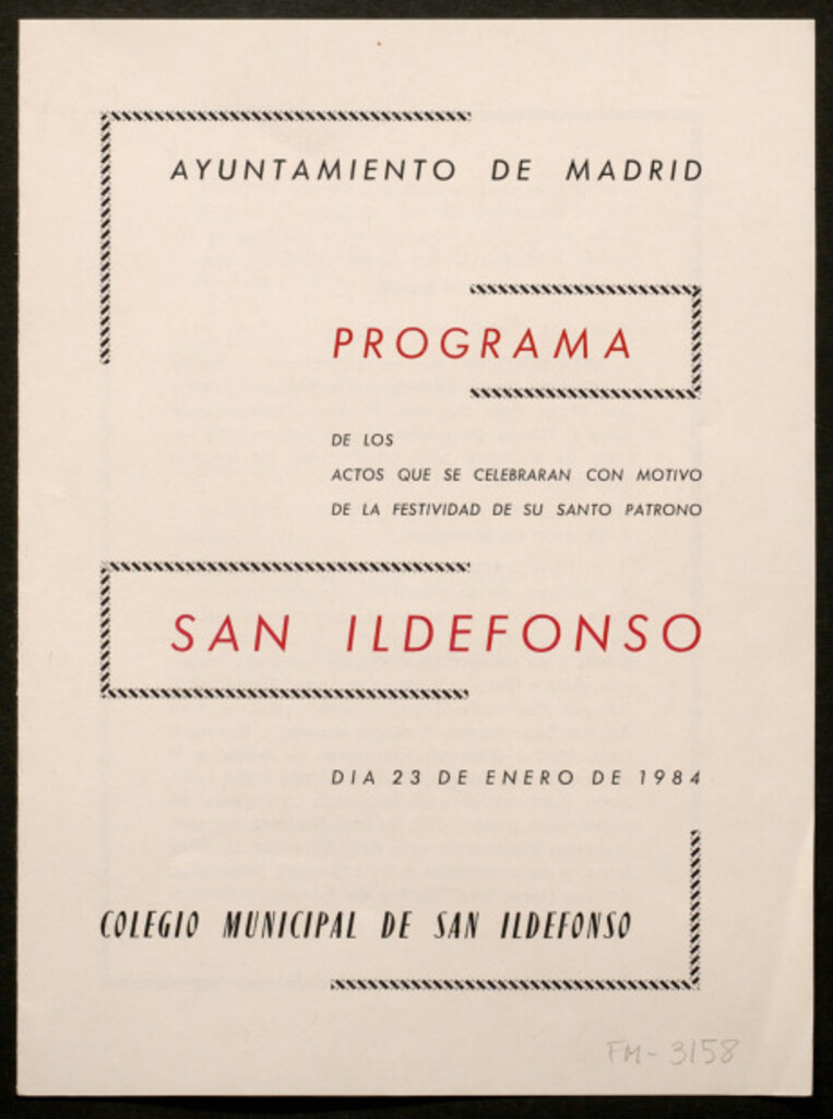 Miniatura de Programa de los actos que se celebraran con motivo de la festividad de su santo patrono, San Ildefonso : dia 23 de enero de 1984