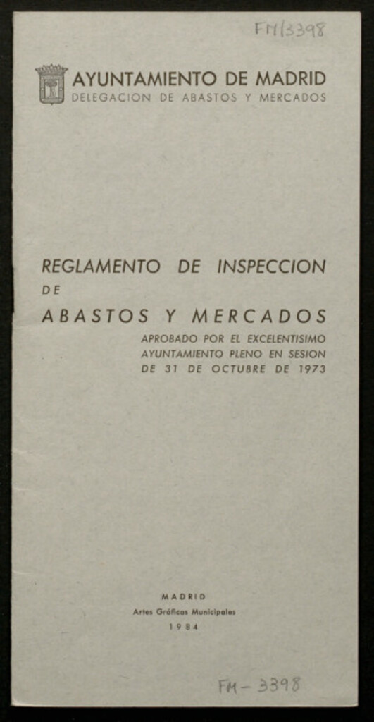 Miniatura de Reglamento de inspección de abastos y mercados aprobado por el Excmo. Ayuntamiento Pleno en sesión de 31 de octubre de 1973