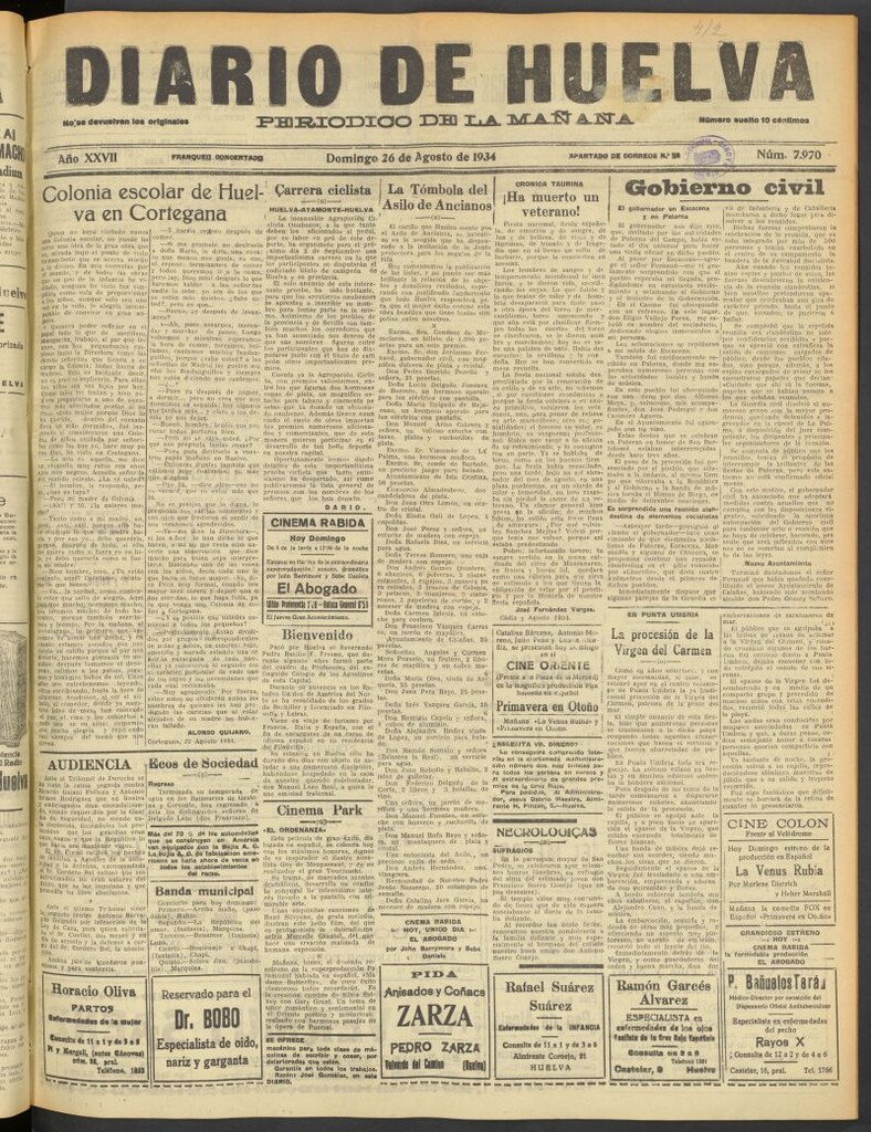 Miniatura de Diario de Huelva : periódico independiente del 26 de agosto de 1934