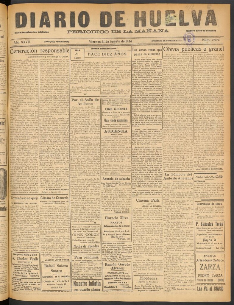 Miniatura de Diario de Huelva : periódico independiente del 31 de agosto de 1934