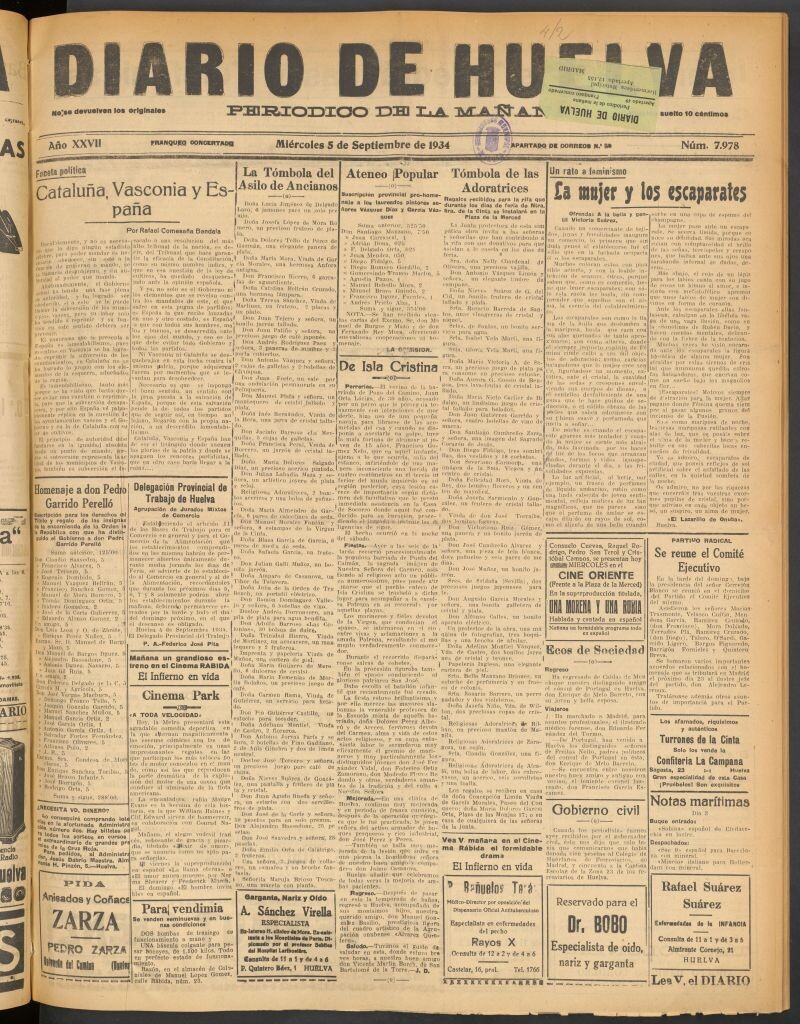 Miniatura de Diario de Huelva : periódico independiente del 5 de septiembre de 1934