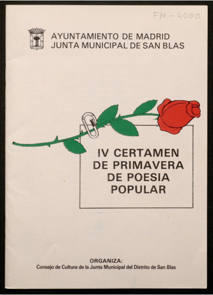 Miniatura de IV Certamen de primavera de poesía popular : organiza Consejo de Cultura de la Junta Municipal del Distrito de San Blas