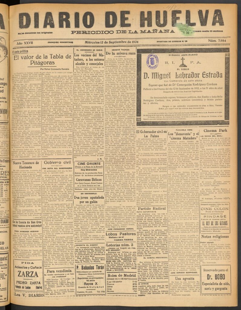 Miniatura de Diario de Huelva : periódico independiente del 12 de septiembre de 1934