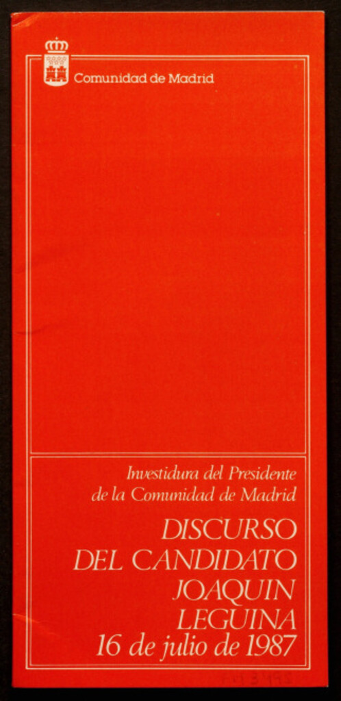 Miniatura de Discurso del candidato Joaquín Leguina : investidura del Presidente de la Comunidad de Madrid : 16 de julio de 1987