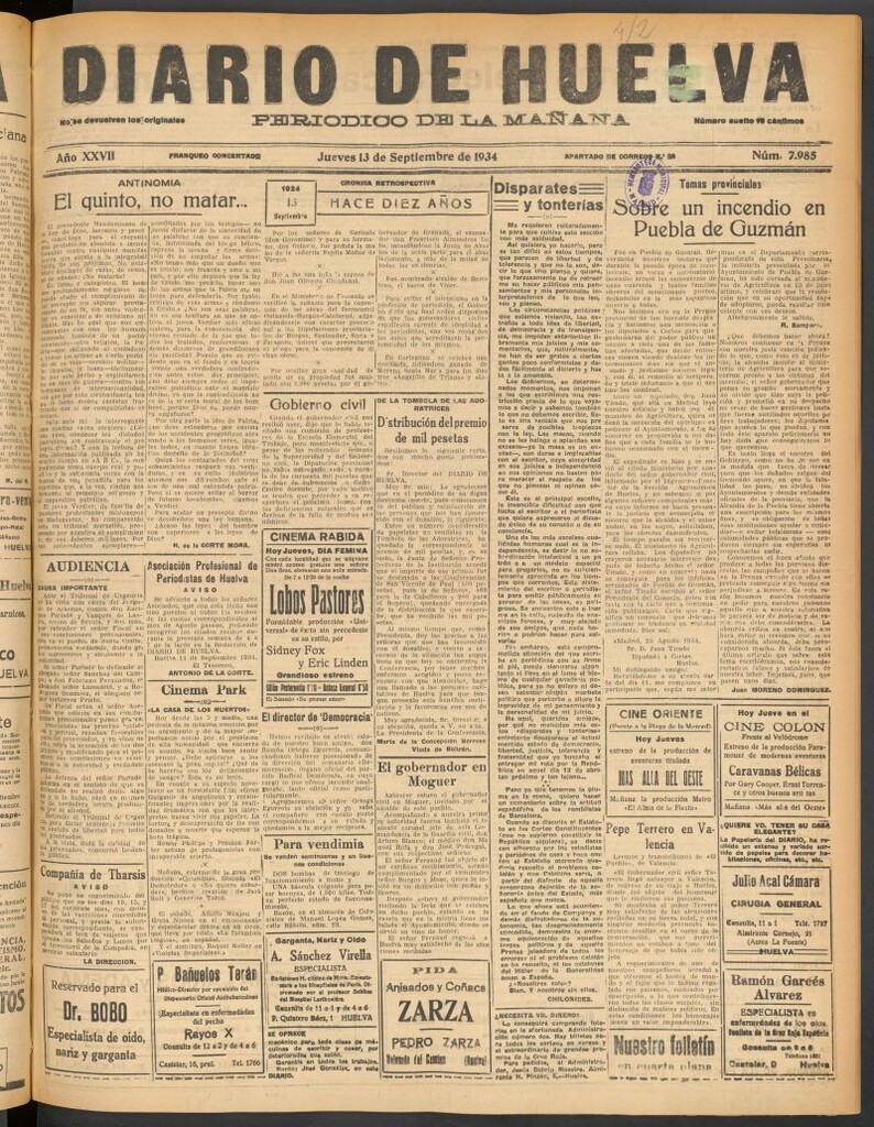 Miniatura de Diario de Huelva : periódico independiente del 13 de septiembre de 1934