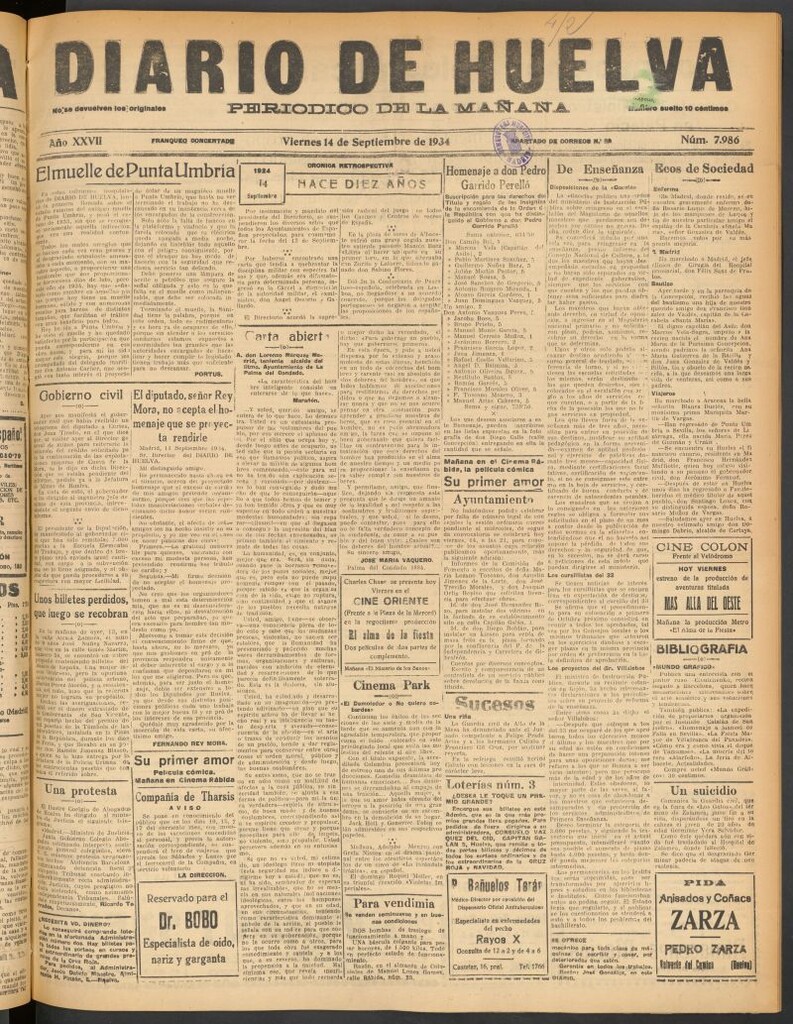 Miniatura de Diario de Huelva : periódico independiente del 14 de septiembre de 1934