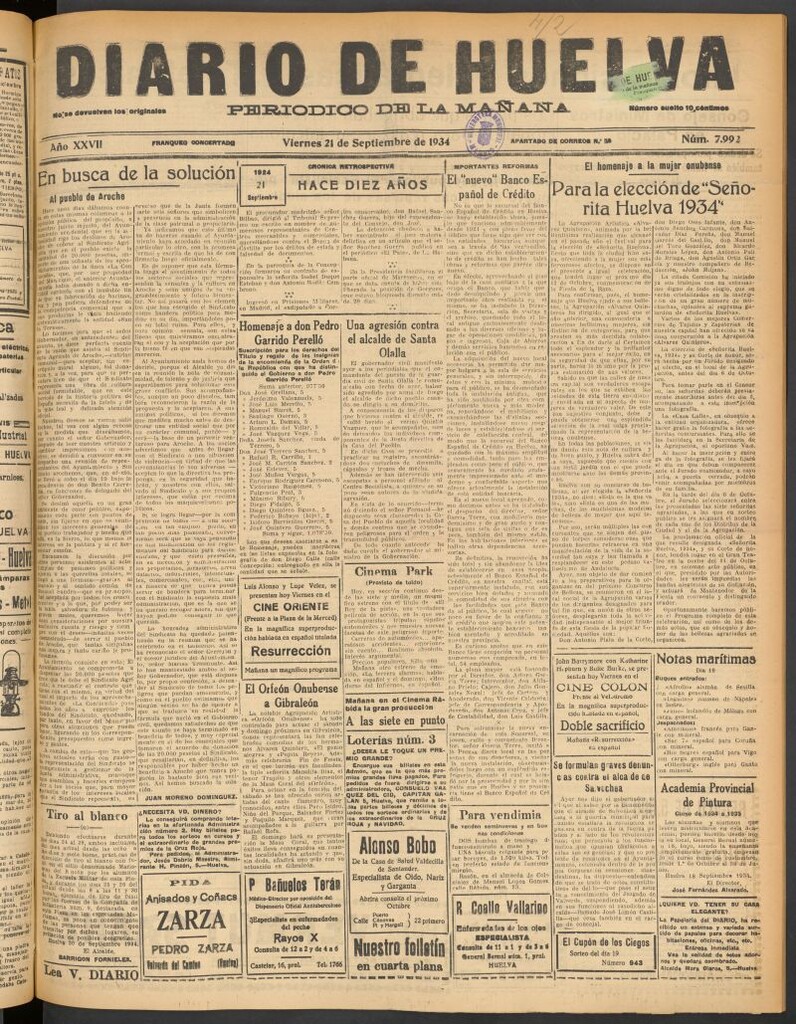 Miniatura de Diario de Huelva : periódico independiente del 21 de septiembre de 1934