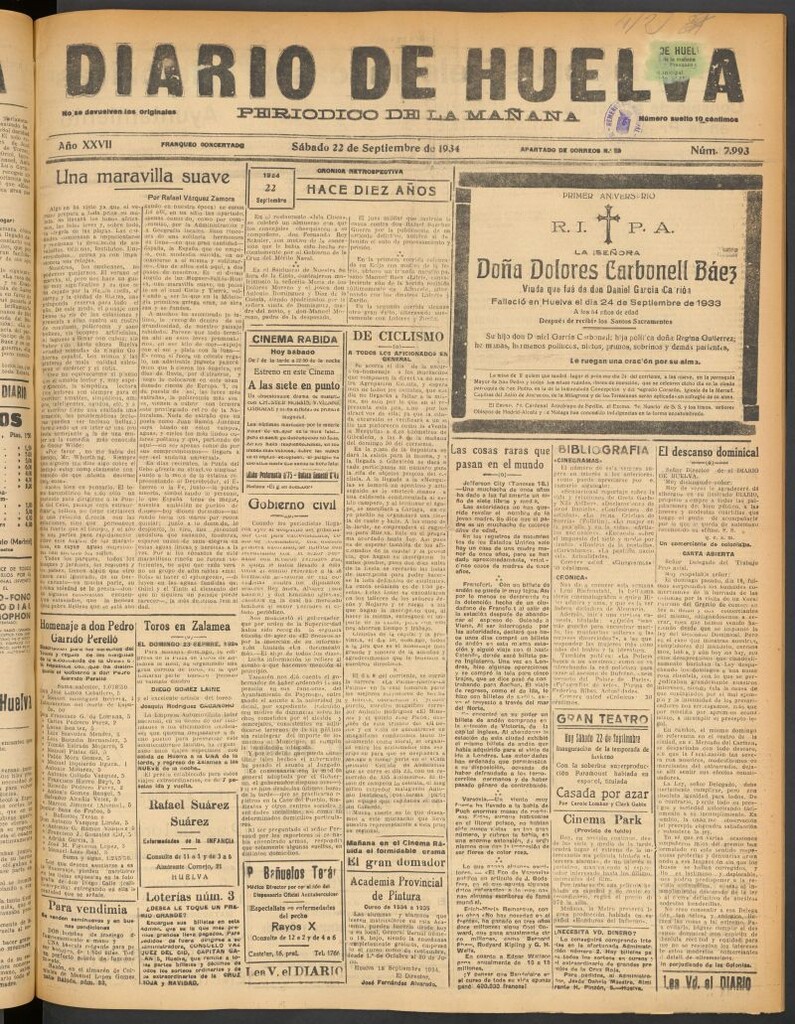 Miniatura de Diario de Huelva : periódico independiente del 22 de septiembre de 1934
