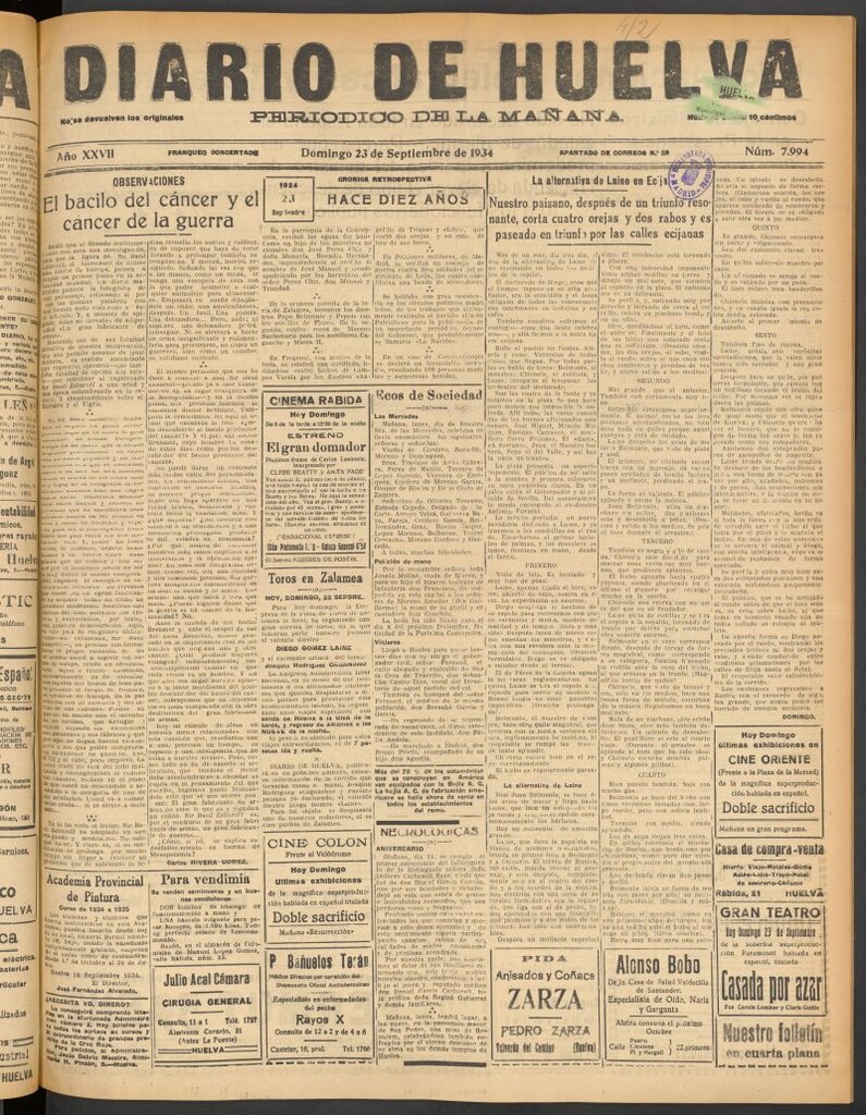 Miniatura de Diario de Huelva : periódico independiente del 23 de septiembre de 1934