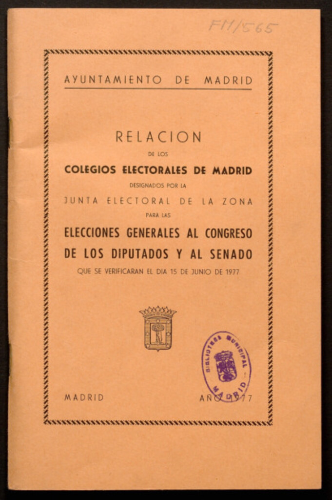 Miniatura de Relación de los colegios electorales de Madrid designados por la junta electoral de la zona para las elecciones generales al congreso de los diputados y al senado que se verificarán el día 15 de junio de 1977