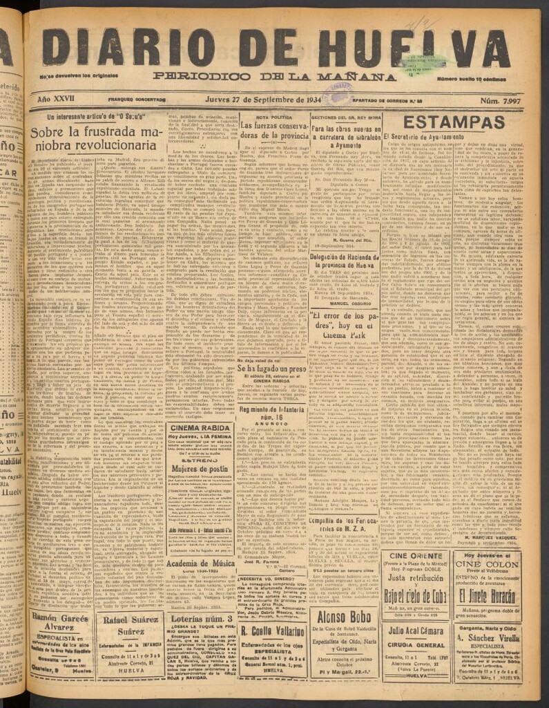 Miniatura de Diario de Huelva : periódico independiente del 27 de septiembre de 1934