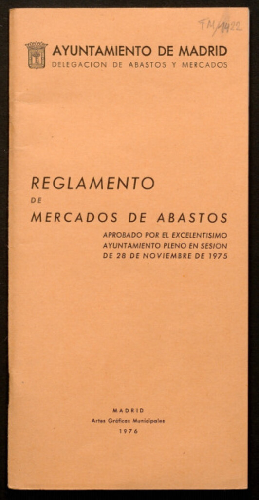 Miniatura de Reglamento de mercados de abastos aprobado por el Ayuntamiento pleno en sesión de 28 de noviembre de 1975