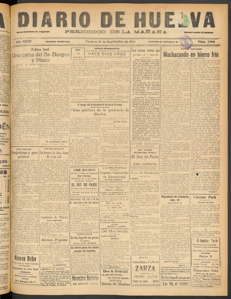 Miniatura de Diario de Huelva : periódico independiente del 28 de septiembre de 1934
