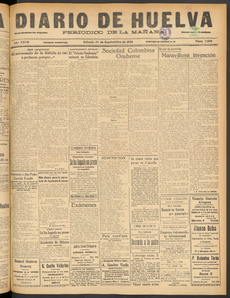 Miniatura de Diario de Huelva : periódico independiente del 29 de septiembre de 1934