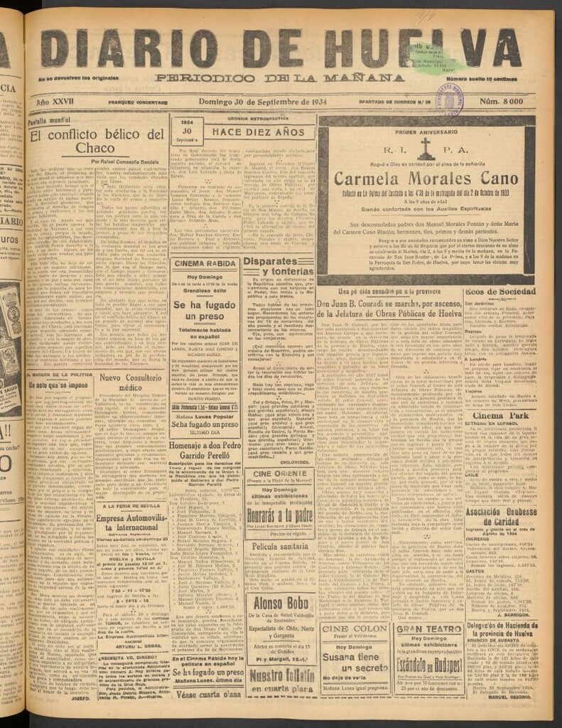 Miniatura de Diario de Huelva : periódico independiente del 30 de septiembre de 1934