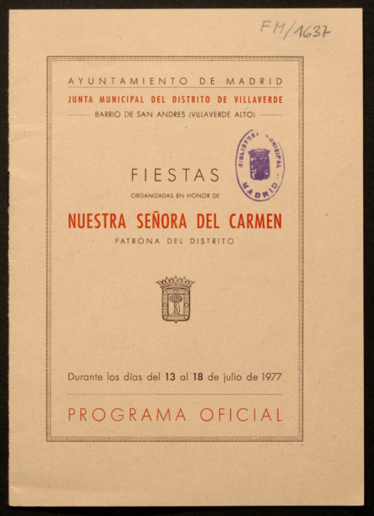 Miniatura de fiestas organizadas en honor de Nuestra Señora del Carmen durante los dias del 13 al 18 de julio de 1977 : Programa oficial