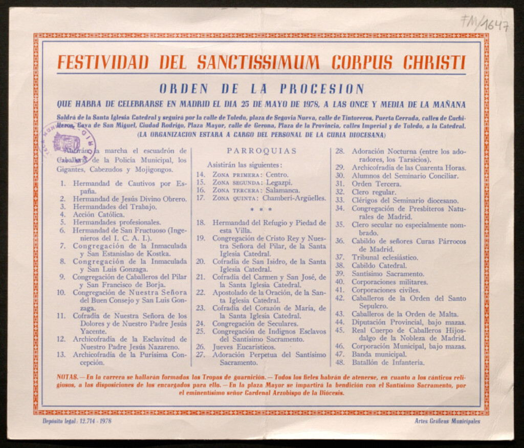 Miniatura de Festividad del Sanctissimun Corpus Christi : orden de la procesión...