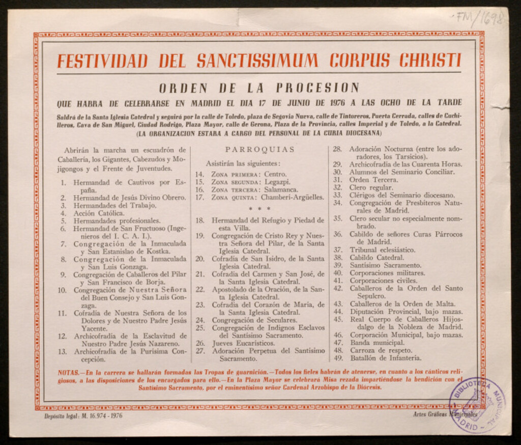 Miniatura de Festividad del Sanctissimun Corpus Christi : orden de la procesión...
