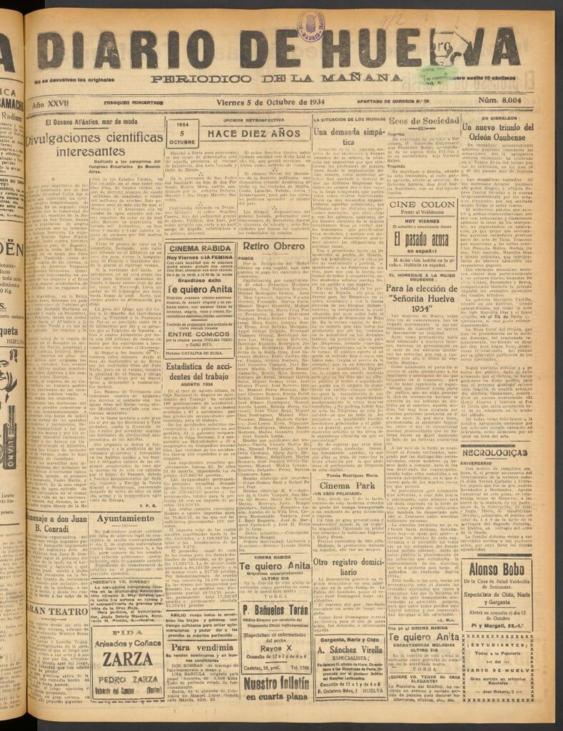 Miniatura de Diario de Huelva : periódico independiente del 5 de octubre de 1934