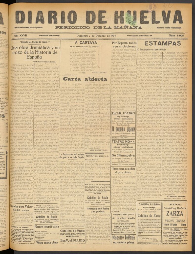 Miniatura de Diario de Huelva : periódico independiente del 7 de octubre de 1934