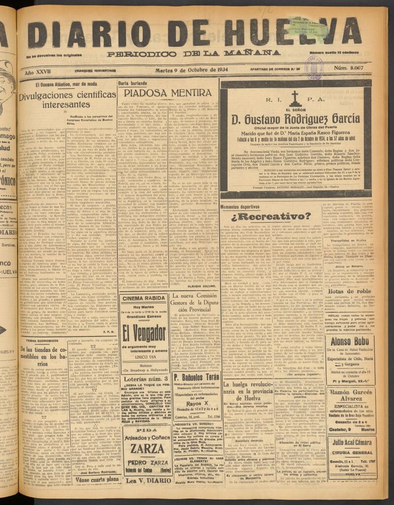 Miniatura de Diario de Huelva : periódico independiente del 9 de octubre de 1934
