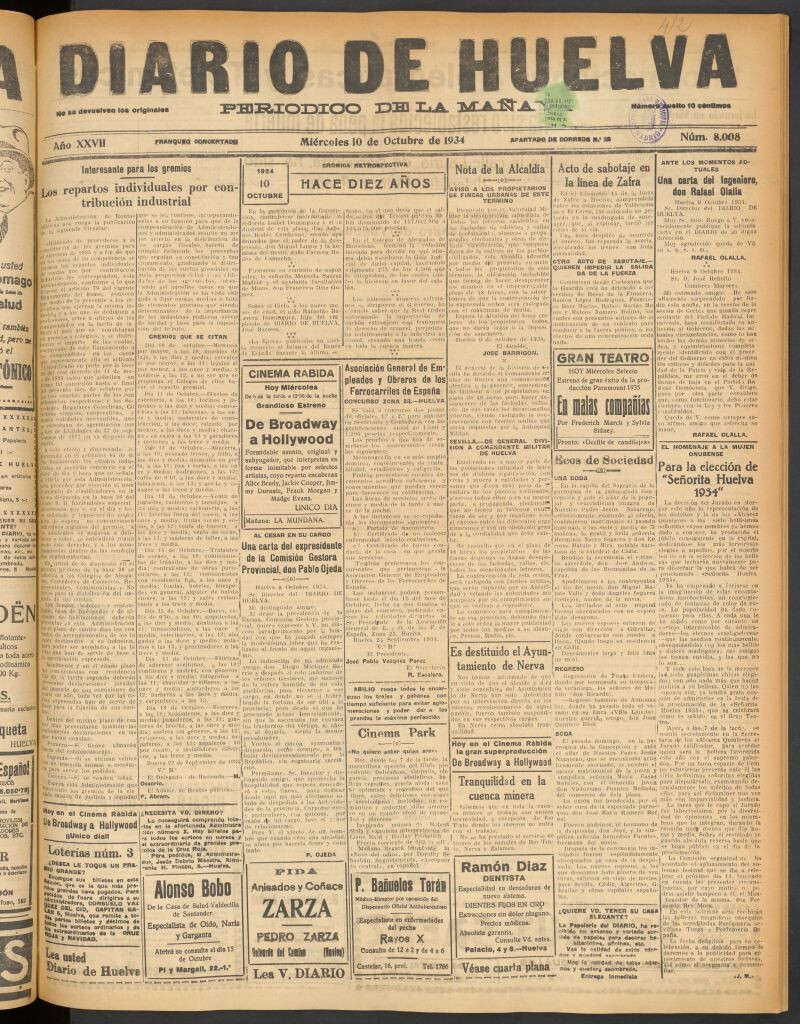 Miniatura de Diario de Huelva : periódico independiente del 10 de octubre de 1934