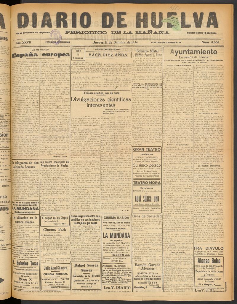 Miniatura de Diario de Huelva : periódico independiente del 11 de octubre de 1934