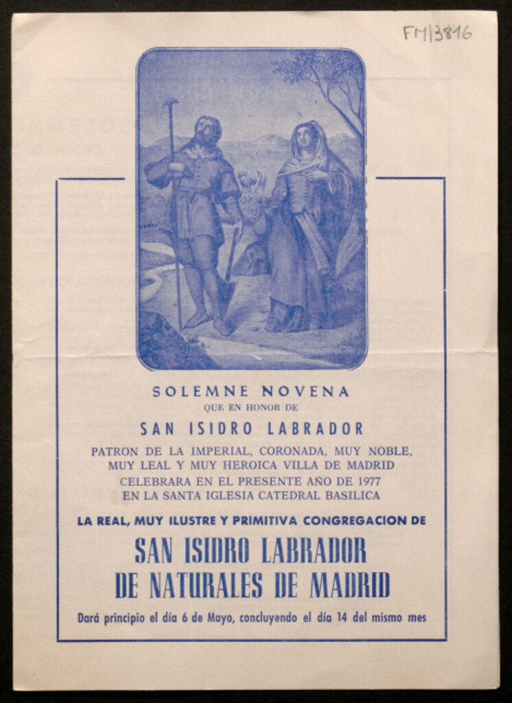 Miniatura de Solemne novena que en honor de San Isidro Labrador...celebrará en...1977...la Real Ilustre y Primitiva Congregación de San Isidro Labrador de Naturales de Madrid : dará principio el día 6 de mayo, concluyendo el dia 14 del mismo mes