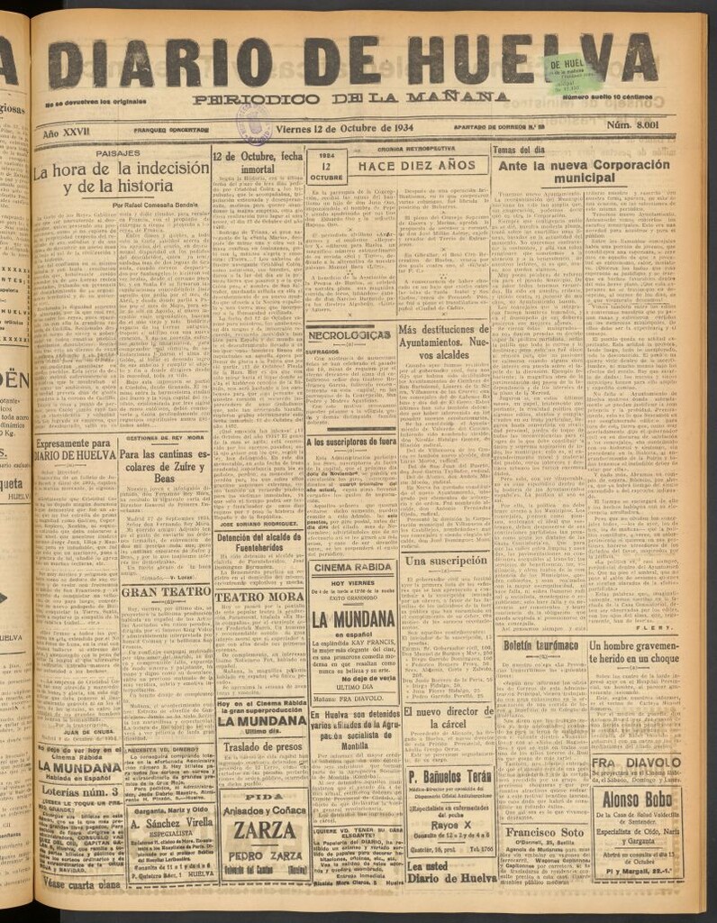 Miniatura de Diario de Huelva : periódico independiente del 12 de octubre de 1934