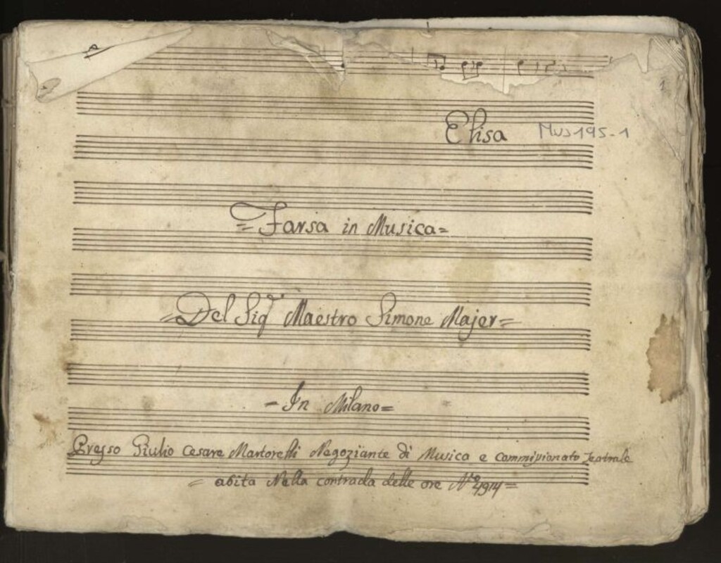 Miniatura de Elisa farsa in musica : In Milano Presso Giulio Cesare Martoretti Negoziante di Musica e commissionato teatrale abita nella contrada delle ore Alº 4914