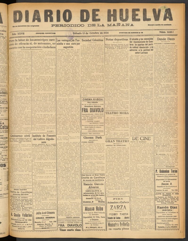 Miniatura de Diario de Huelva : periódico independiente del 13 de octubre de 1934