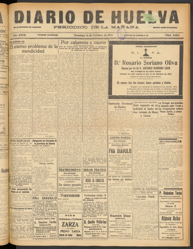 Miniatura de Diario de Huelva : periódico independiente del 14 de octubre de 1934