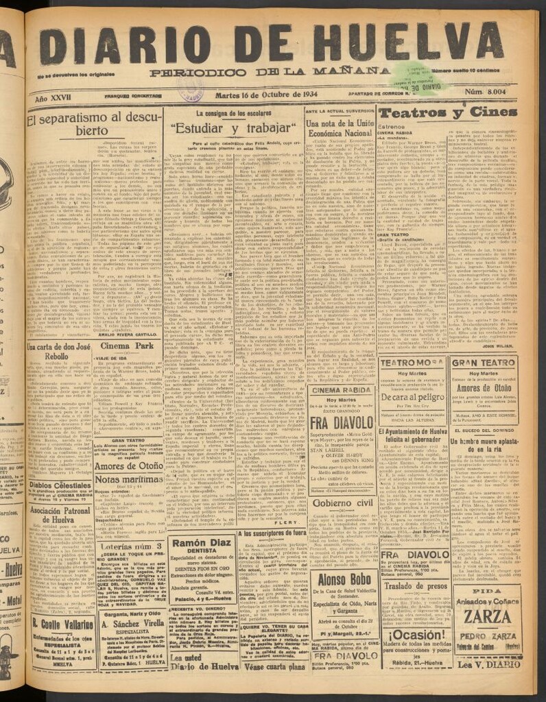 Miniatura de Diario de Huelva : periódico independiente del 16 de octubre de 1934