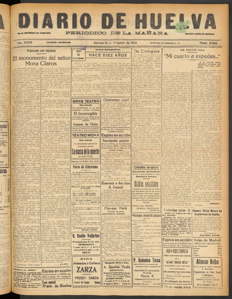 Miniatura de Diario de Huelva : periódico independiente del 18 de octubre de 1934