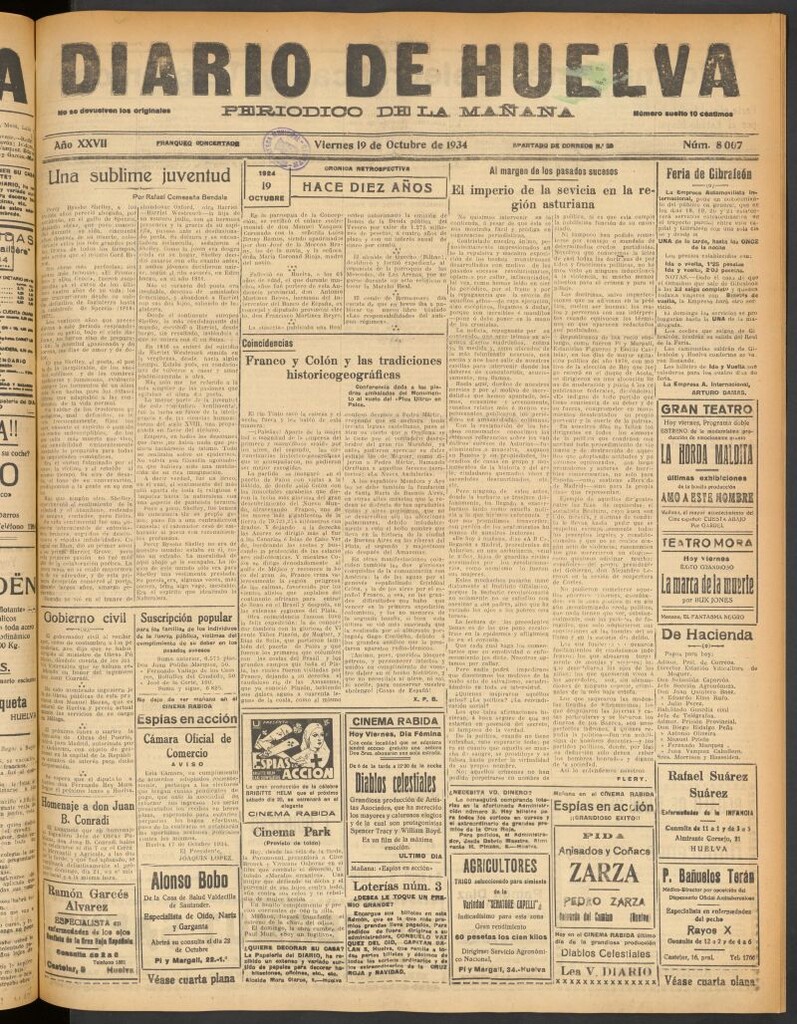 Miniatura de Diario de Huelva : periódico independiente del 19 de octubre de 1934