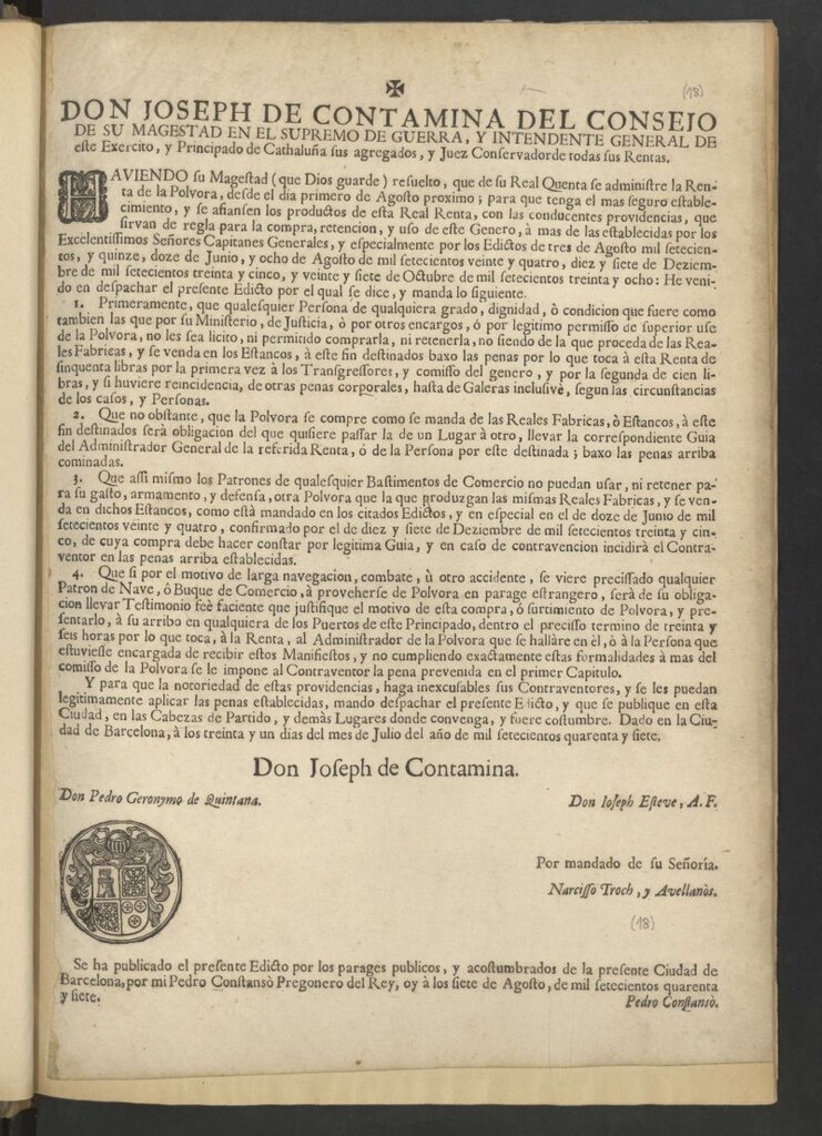 Miniatura de Don Joseph de Contamina del Consejo de su Magestad … y Juez Conservador de todas sus rentas. Haviendo su Magestad … resuelto, que de su Real Quenta se administre la Renta de la Polvora … por los Edictos …