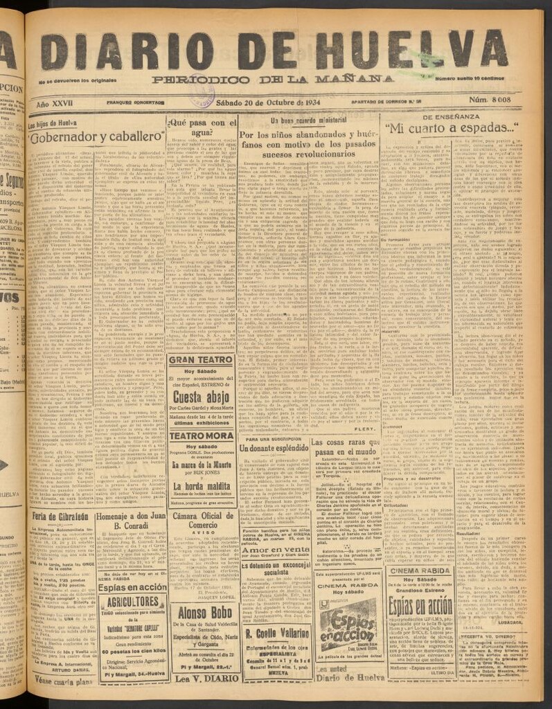 Miniatura de Diario de Huelva : periódico independiente del 20 de octubre de 1934
