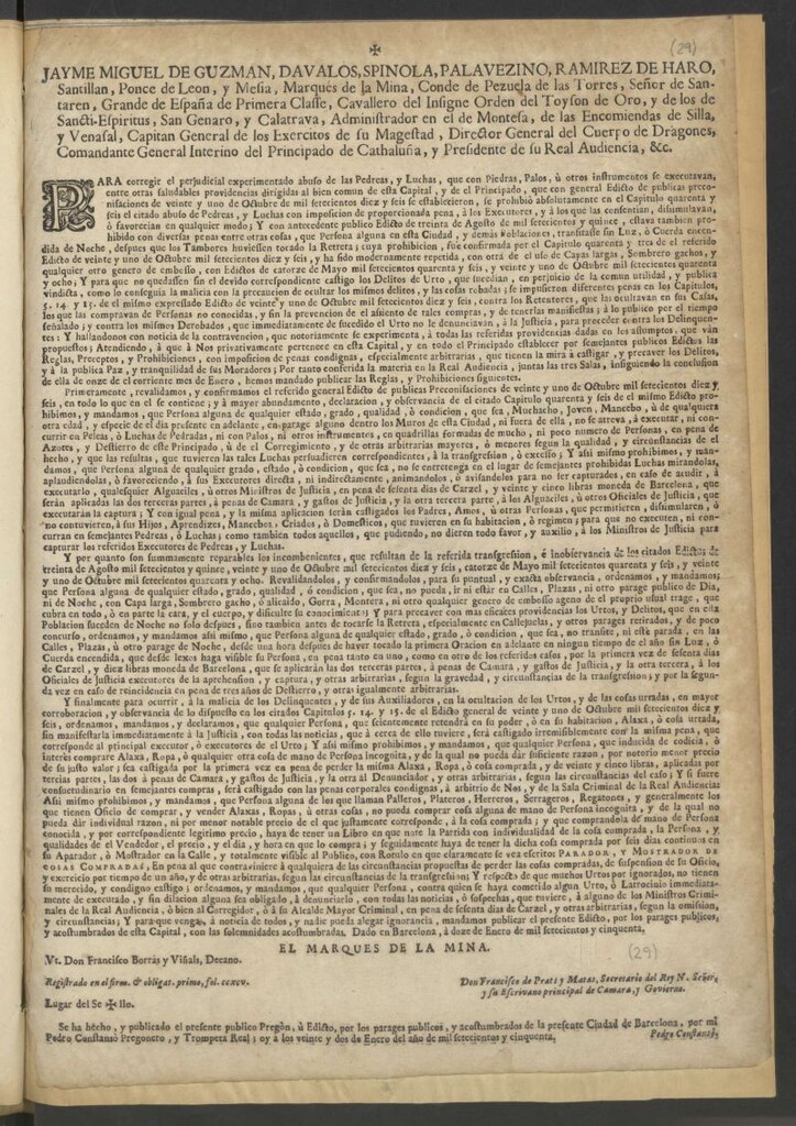 Miniatura de Jayme Miguel de Guzman, Davalos, Spinola … Comandante General Interino del Principado de Cathaluña, y Presidente de su Real audiencia, &c. Para corregir el … abuso de las Pedreas, y Luchas, que con Piedras, Palos, ù otros instrumentos se executavan …